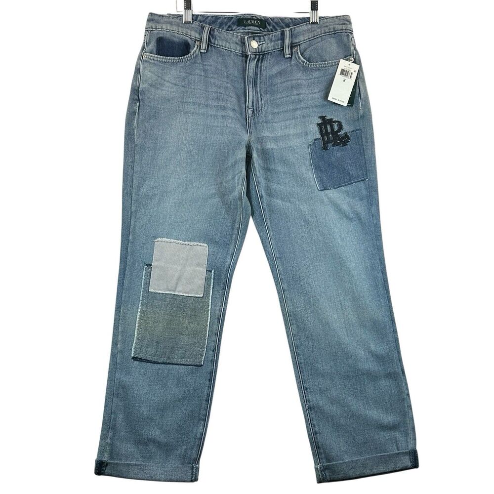 LRL Ralph Lauren Jeans Women's 8 Blue Patchwork Cropped Relaxed Denim NWT
